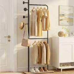 Garderobenständer mit 2 Kleiderstangen Standgarderobe aus Metall mit 4 Haken & Schuhablage