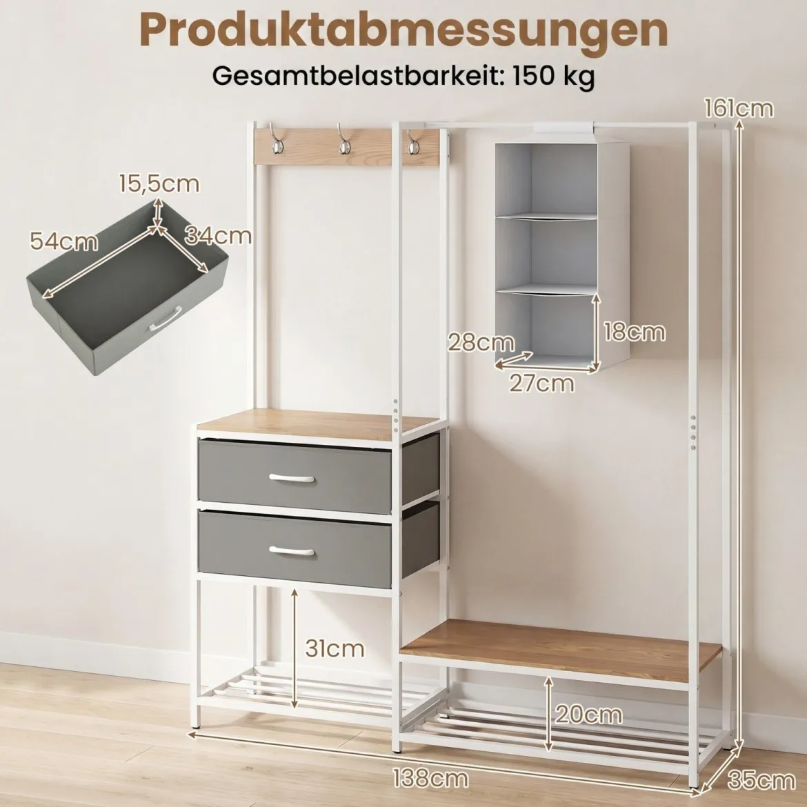 Garderobenständer mit 2 Schubladen & Schuhregal Kleiderständer mit Kleiderstange Ablagen & Haken