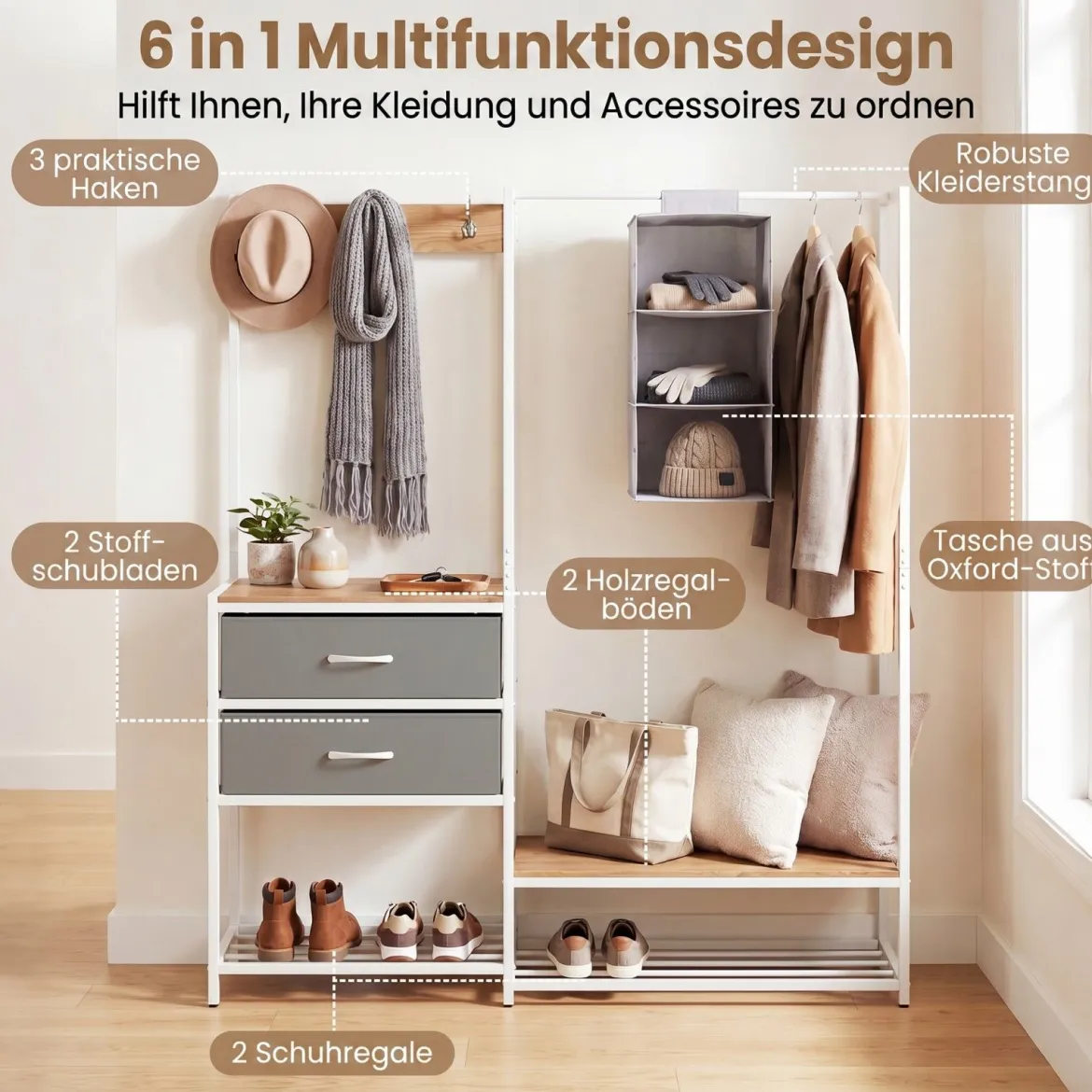Garderobenständer mit 2 Schubladen & Schuhregal Kleiderständer mit Kleiderstange Ablagen & Haken