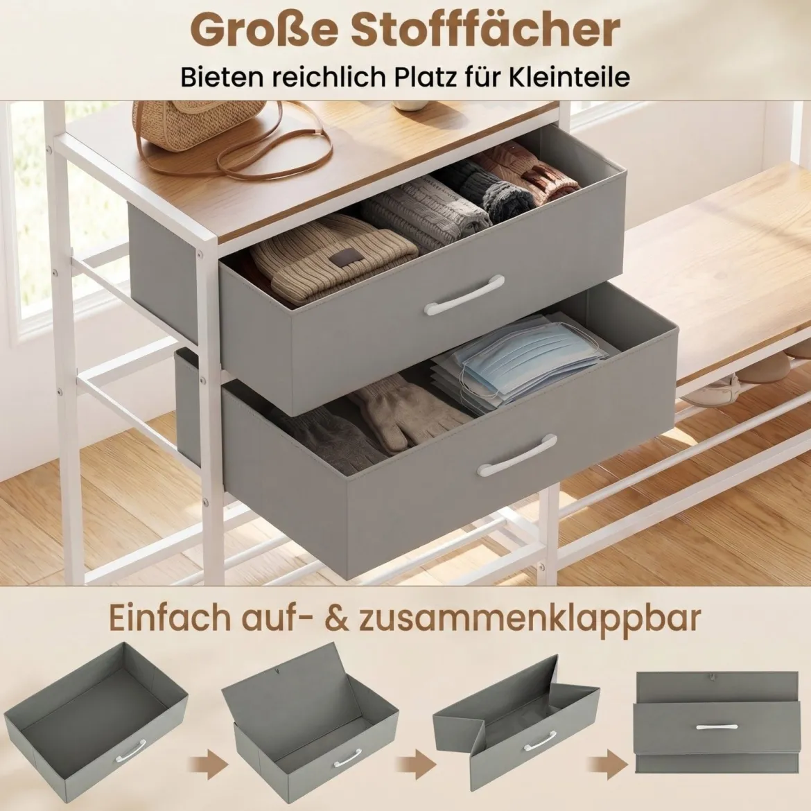 Garderobenständer mit 2 Schubladen & Schuhregal Kleiderständer mit Kleiderstange Ablagen & Haken