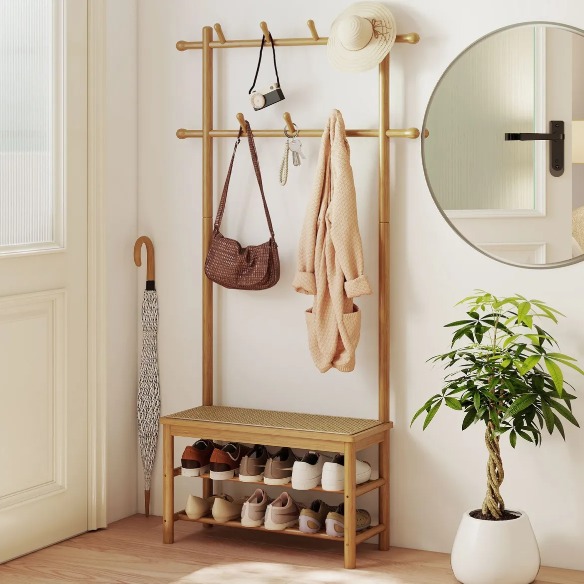 Garderobenständer mit Schuhbank & Schuhregal & 2 Aufhängestangen & 13 Haken Natur