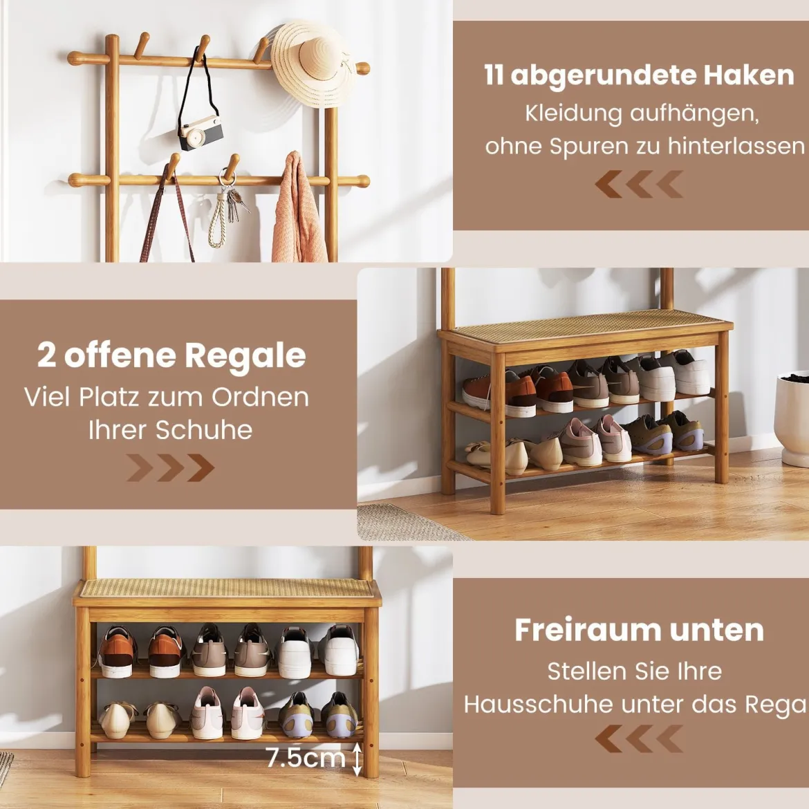 Garderobenständer mit Schuhbank & Schuhregal & 2 Aufhängestangen & 13 Haken Natur
