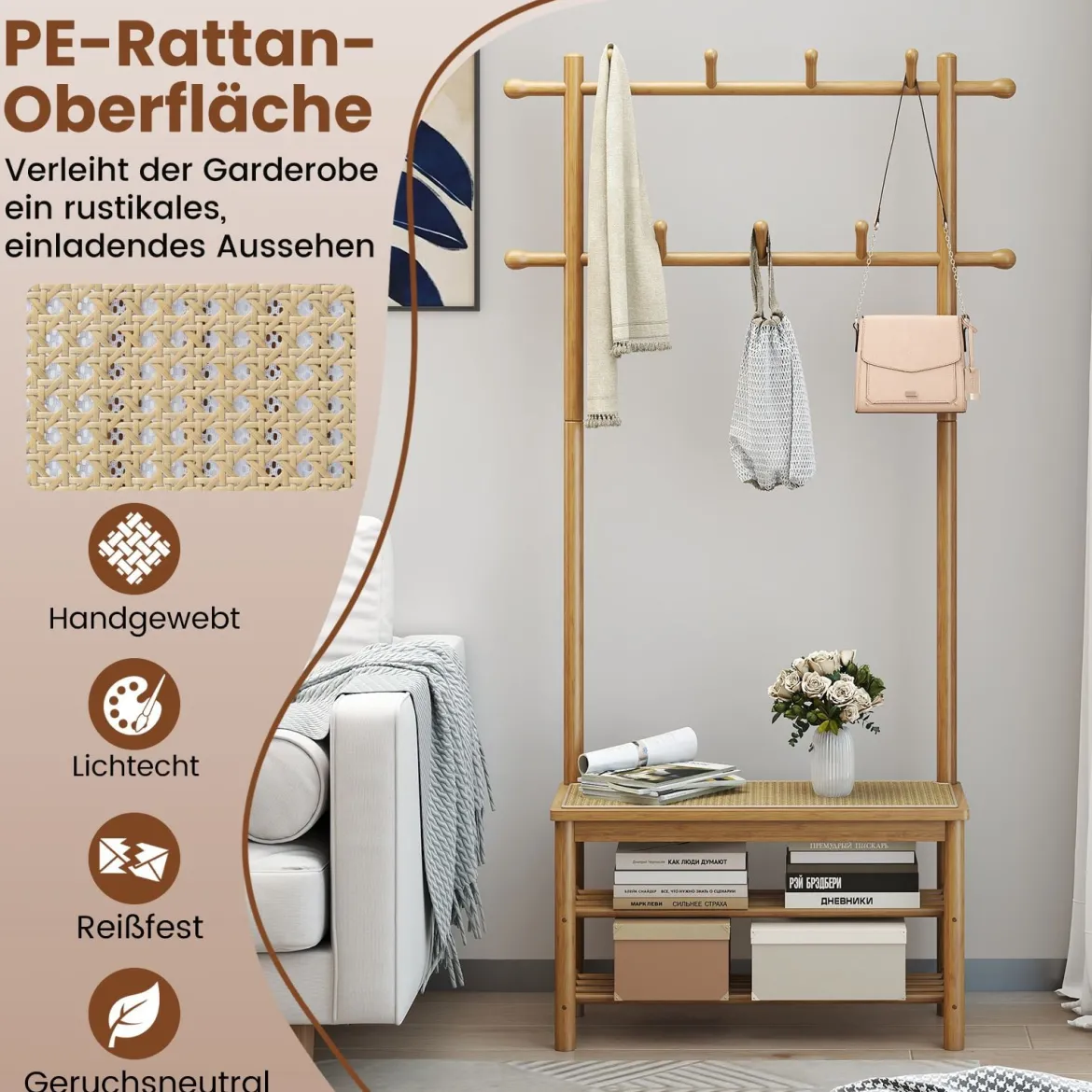 Garderobenständer mit Schuhbank & Schuhregal & 2 Aufhängestangen & 13 Haken Natur