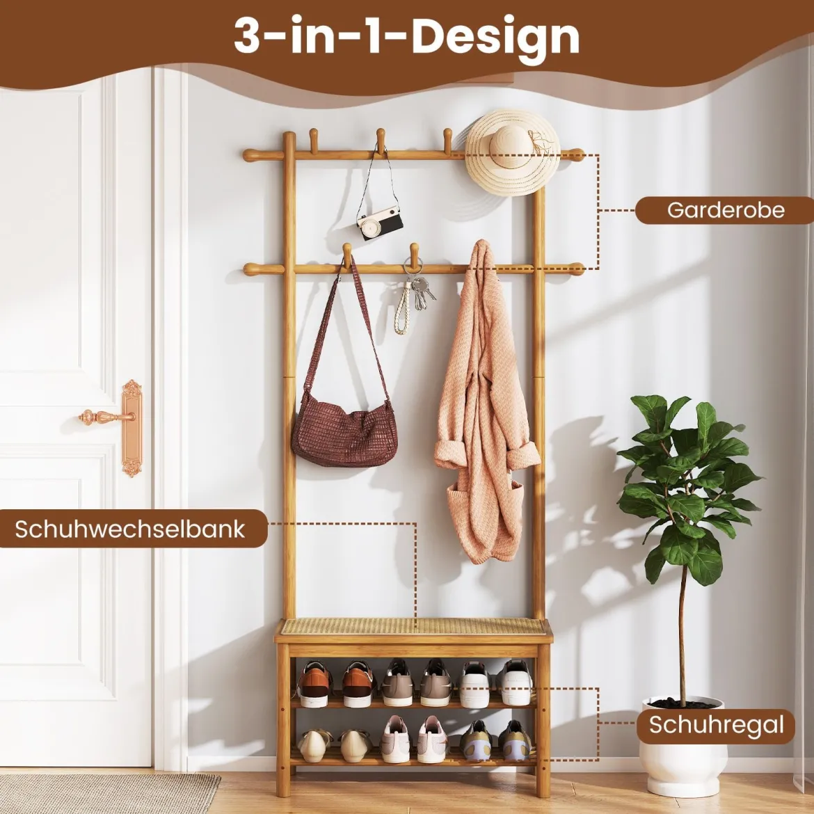Garderobenständer mit Schuhbank & Schuhregal & 2 Aufhängestangen & 13 Haken Natur