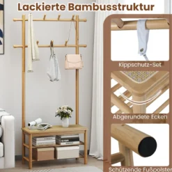 Garderobenständer mit Schuhbank & Schuhregal & 2 Aufhängestangen & 13 Haken Natur
