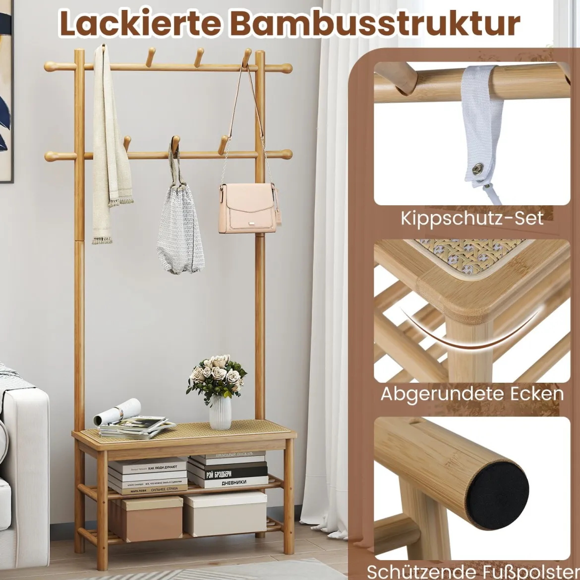 Garderobenständer mit Schuhbank & Schuhregal & 2 Aufhängestangen & 13 Haken Natur