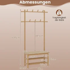Garderobenständer mit Schuhbank & Schuhregal & 2 Aufhängestangen & 13 Haken Natur