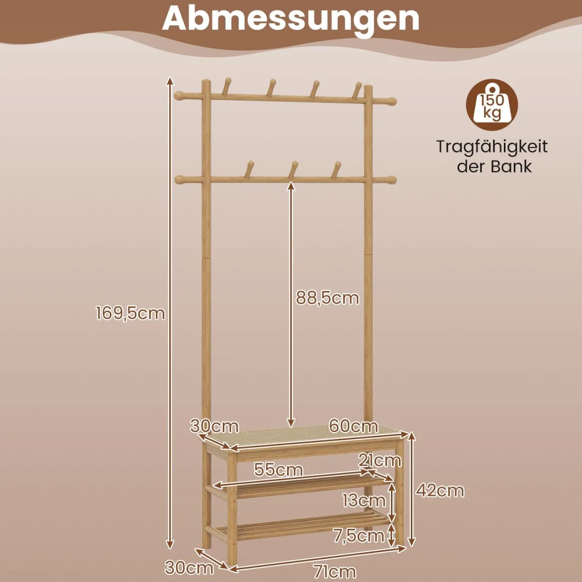 Garderobenständer mit Schuhbank & Schuhregal & 2 Aufhängestangen & 13 Haken Natur
