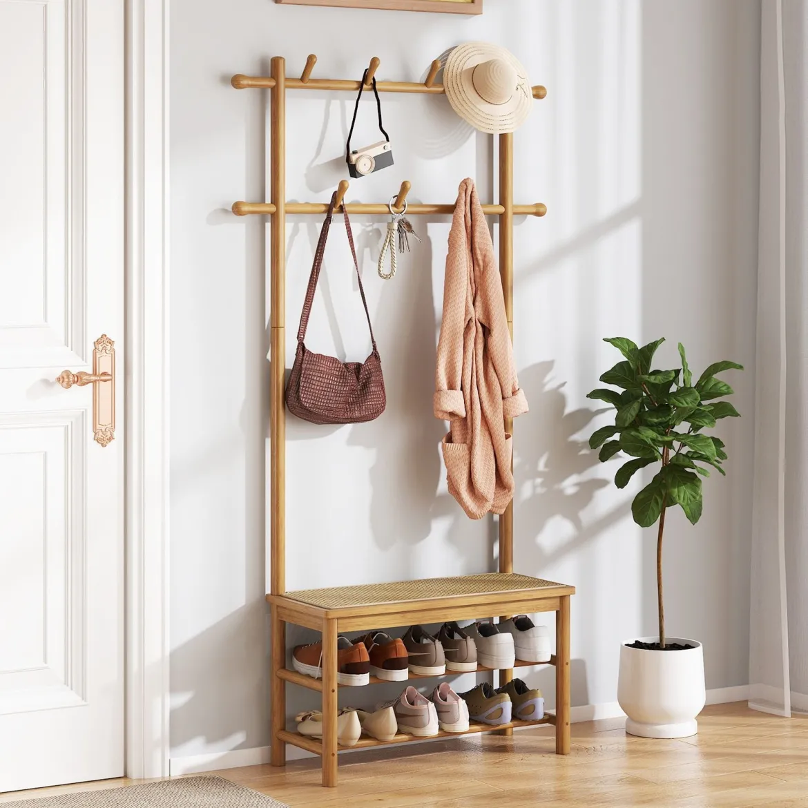 Garderobenständer mit Schuhbank & Schuhregal & 2 Aufhängestangen & 13 Haken Natur