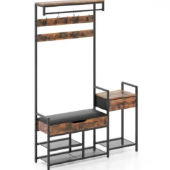 Garderobenständer mit Schuhbank & 12 Haken & Schublade & Ablage Garderobe Eingangsbank