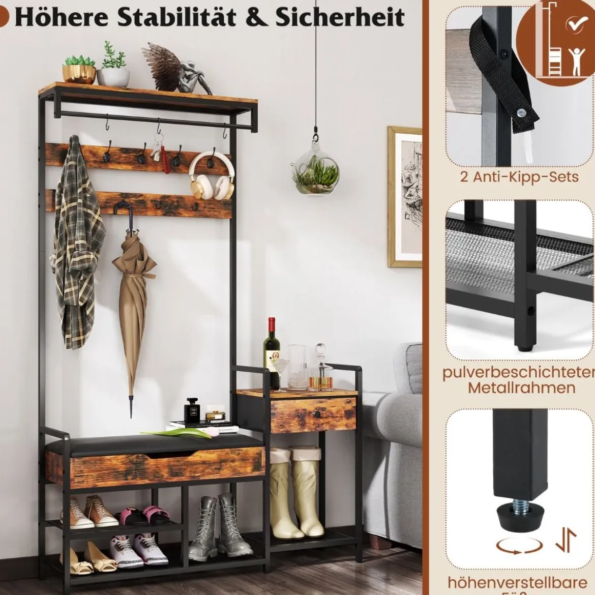 Garderobenständer mit Schuhbank & 12 Haken & Schublade & Ablage Garderobe Eingangsbank