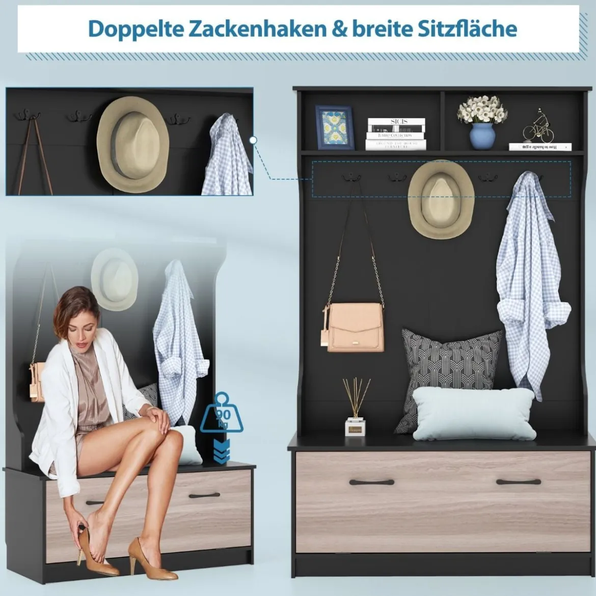 Garderobenständer mit Sitzbank & 5 Doppelhaken Garderobe Flurgarderobe 100 x 40 x 160 cm Schwarz