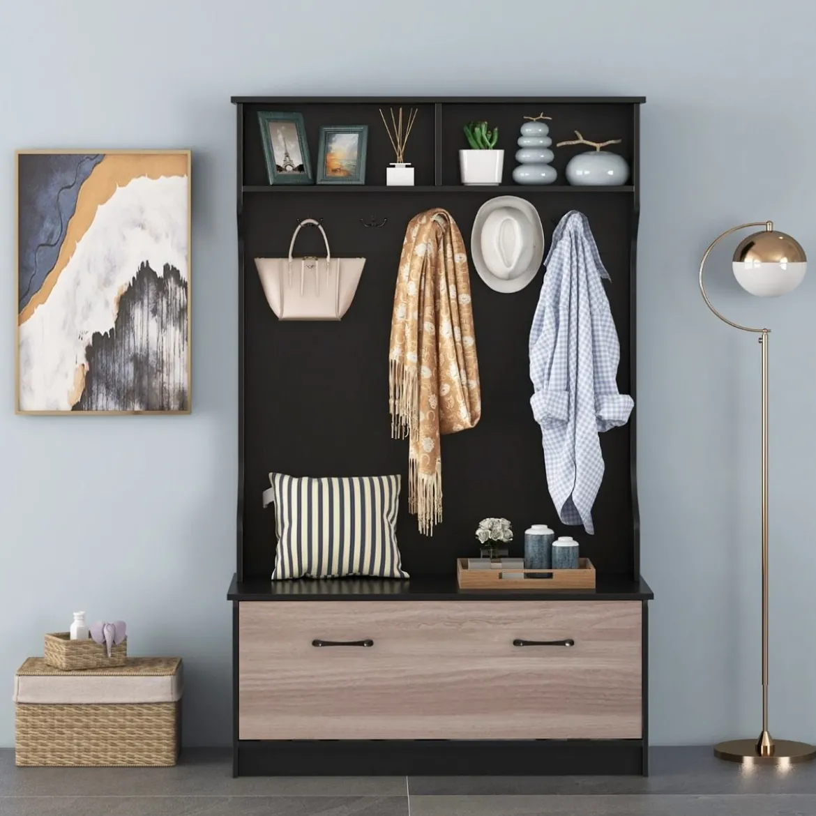Garderobenständer mit Sitzbank & 5 Doppelhaken Garderobe Flurgarderobe 100 x 40 x 160 cm Schwarz
