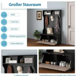 Garderobenständer mit Sitzbank & 5 Doppelhaken Garderobe Flurgarderobe 100 x 40 x 160 cm Schwarz
