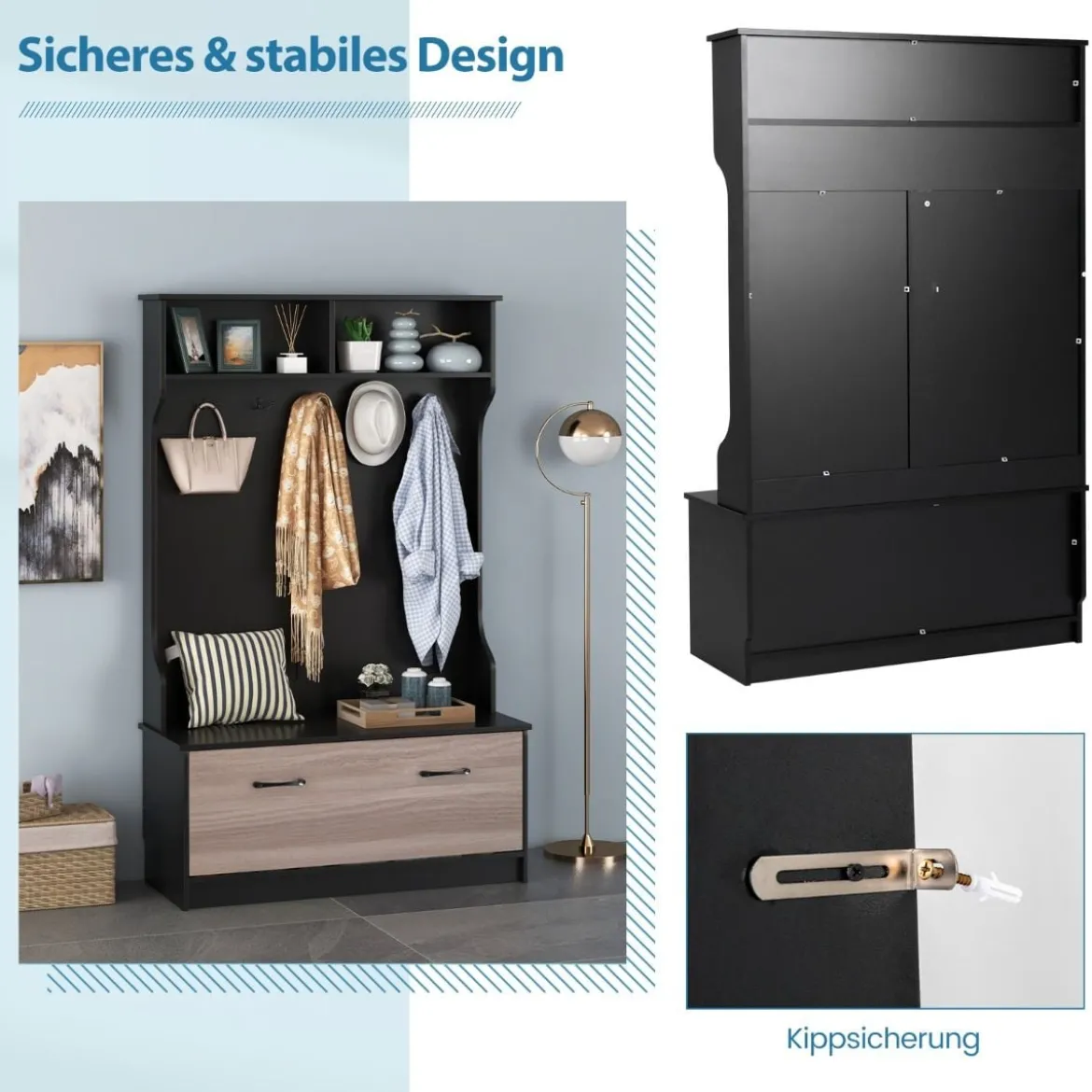 Garderobenständer mit Sitzbank & 5 Doppelhaken Garderobe Flurgarderobe 100 x 40 x 160 cm Schwarz