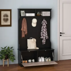 Garderobenständer mit Sitzbank & 5 Doppelhaken Garderobe Flurgarderobe 100 x 40 x 160 cm Schwarz