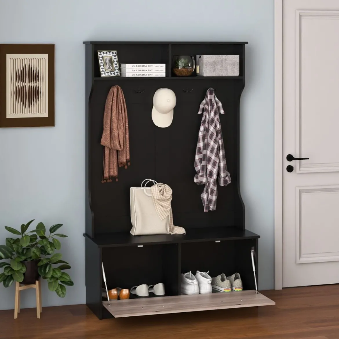 Garderobenständer mit Sitzbank & 5 Doppelhaken Garderobe Flurgarderobe 100 x 40 x 160 cm Schwarz