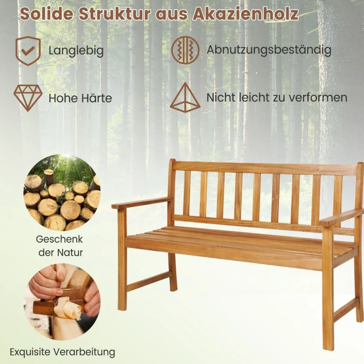 Gartenbank aus Akazienholz bis 360kg Belastbar Massive Holzbank 2 Sitzer Terrassenbank