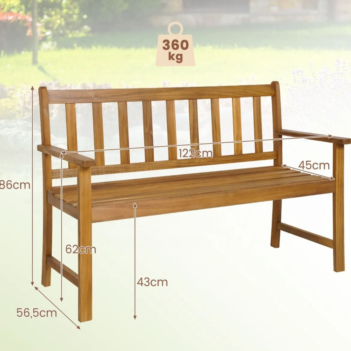 Gartenbank aus Akazienholz bis 360kg Belastbar Massive Holzbank 2 Sitzer Terrassenbank