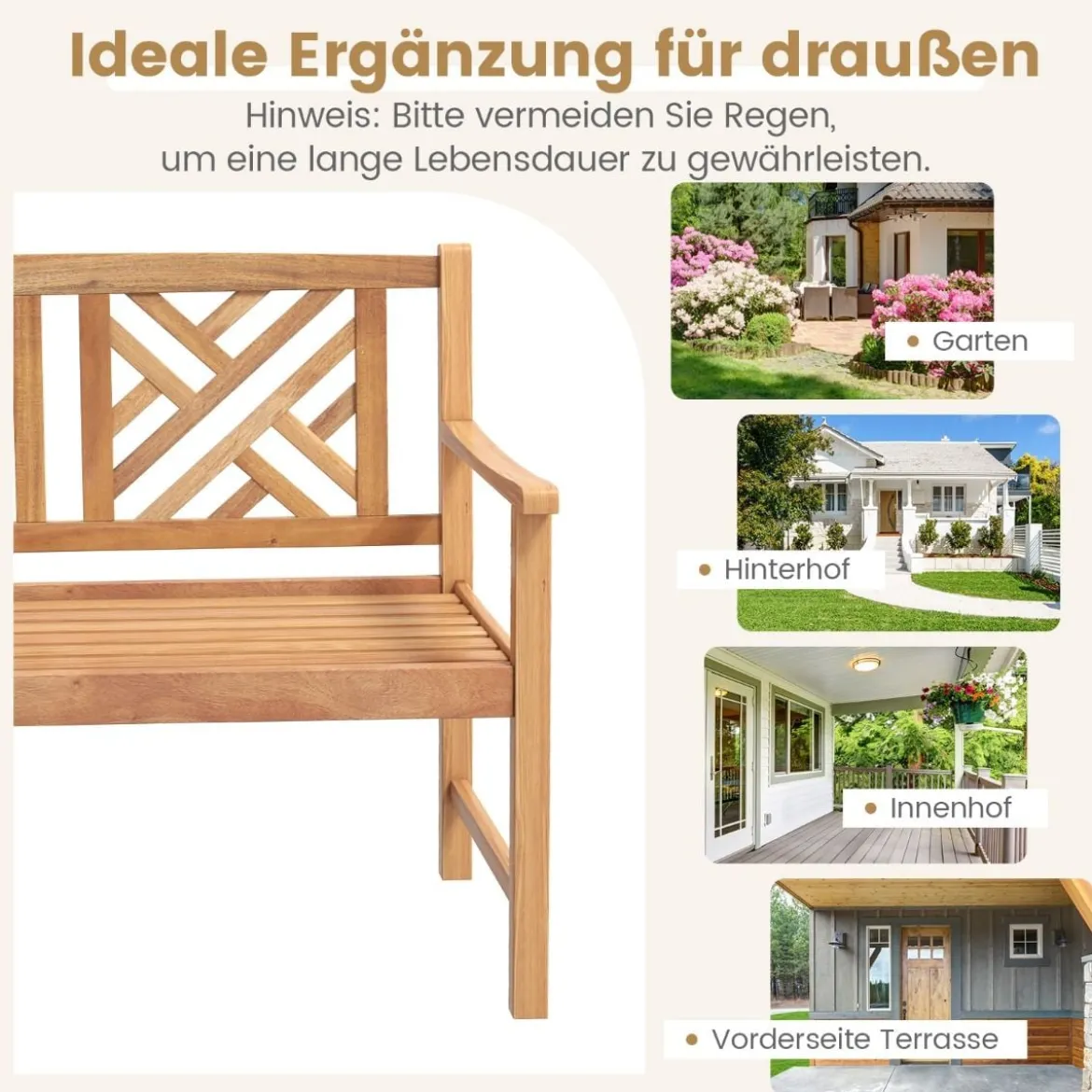 Gartenbank aus Akazienholz für 2 Personen mit gemütlichen Armlehnen 360 kg max. Belastung