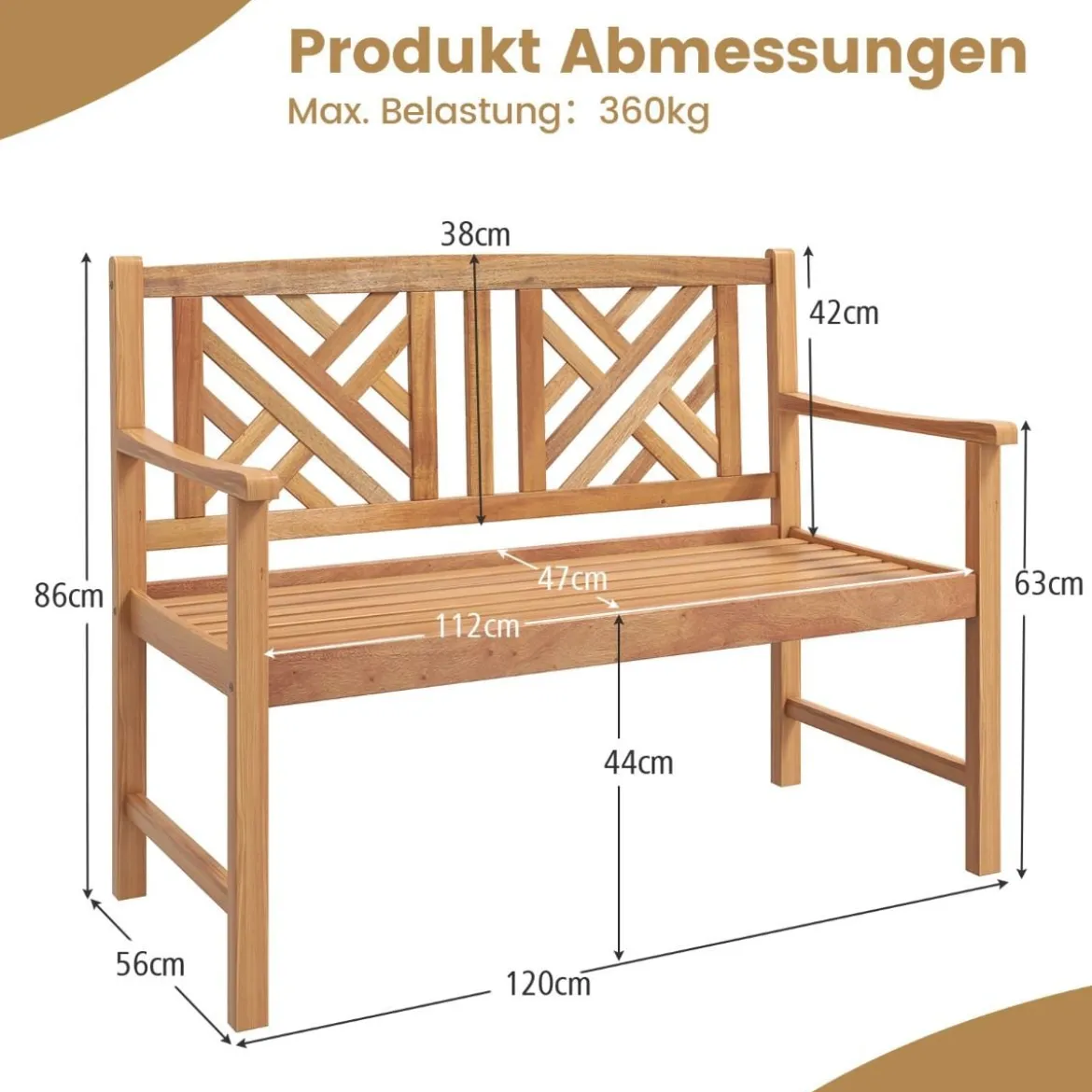 Gartenbank aus Akazienholz für 2 Personen mit gemütlichen Armlehnen 360 kg max. Belastung