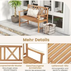 Gartenbank aus Akazienholz für 2 Personen Balkonbank mit Armlehnen bis 360 kg Belastbar