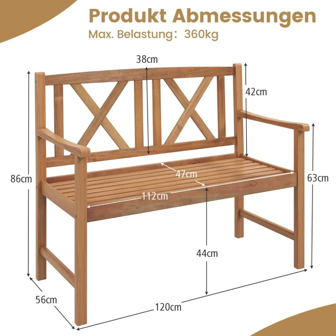 Gartenbank aus Akazienholz für 2 Personen Balkonbank mit Armlehnen bis 360 kg Belastbar
