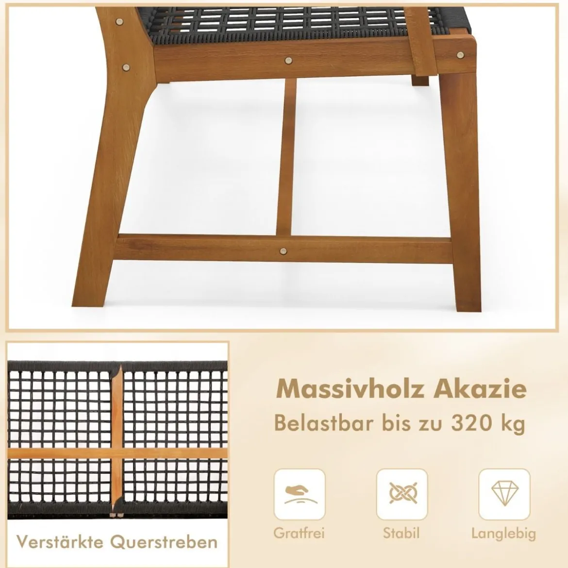 Gartenbank aus Akazienholz mit Rückenlehne und Armlehnen belastbar bis 320kg
