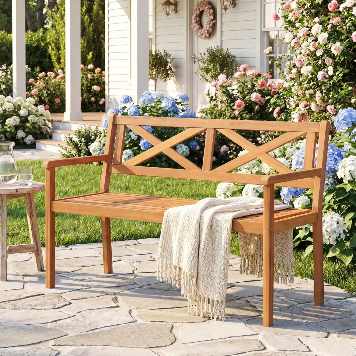 Gartenbank aus Akazienholz 2-Sitzer Holzbank Outdoor Sitzbank mit Rückenlehne & Armlehnen Balkonbank