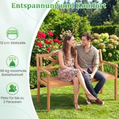 Gartenbank aus Akazienholz 2-Sitzer Holzbank Outdoor Sitzbank mit Rückenlehne & Armlehnen Balkonbank