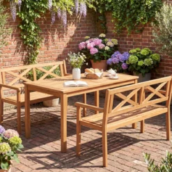 Gartenbank aus Akazienholz 2-Sitzer Holzbank Outdoor Sitzbank mit Rückenlehne & Armlehnen Balkonbank