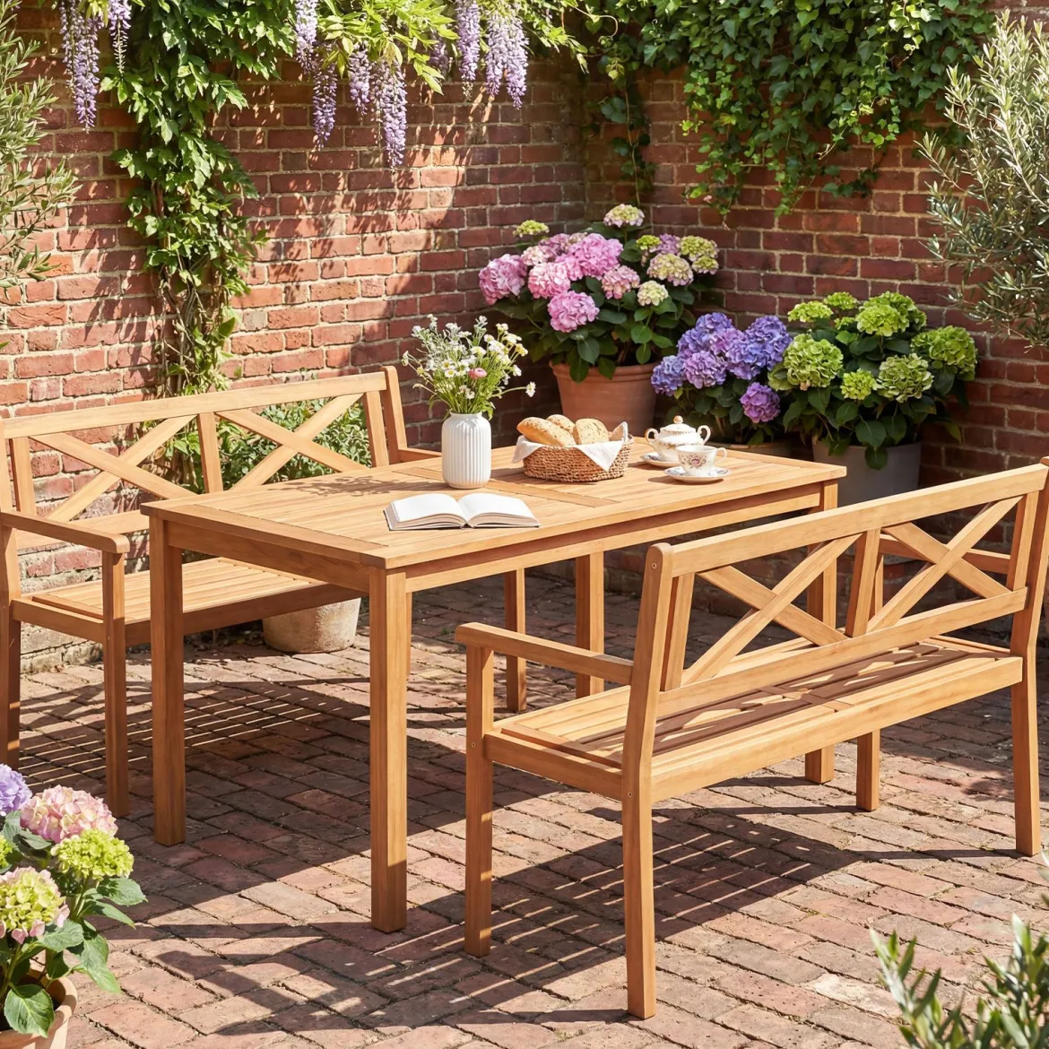 Gartenbank aus Akazienholz 2-Sitzer Holzbank Outdoor Sitzbank mit Rückenlehne & Armlehnen Balkonbank