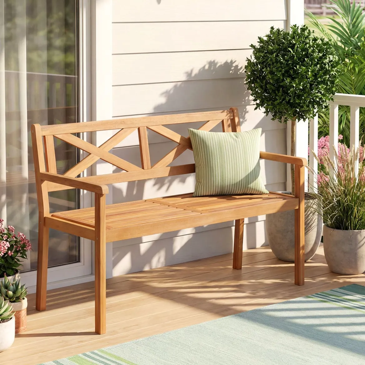 Gartenbank aus Akazienholz 2-Sitzer Holzbank Outdoor Sitzbank mit Rückenlehne & Armlehnen Balkonbank