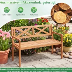 Gartenbank aus Akazienholz 2-Sitzer Holzbank Outdoor Sitzbank mit Rückenlehne & Armlehnen Balkonbank