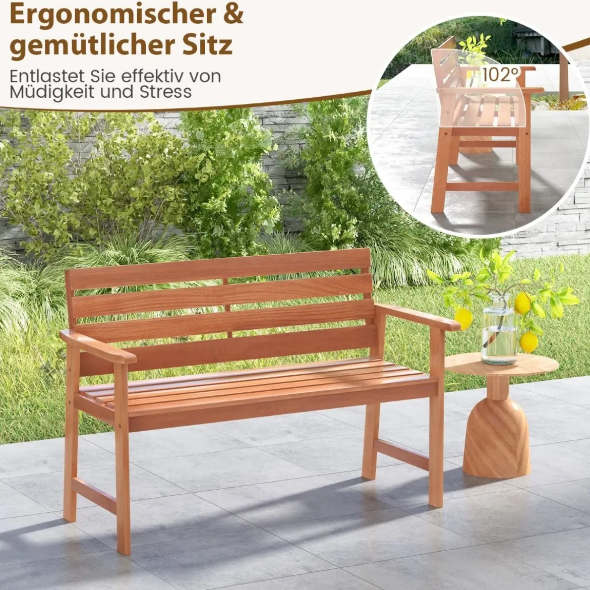 Gartenbank aus Hartholz Holzbank wetterfest Sitzbank für 2 Personen Balkonbank aus Hartholz 120,5 x 64 x 84 cm Natur