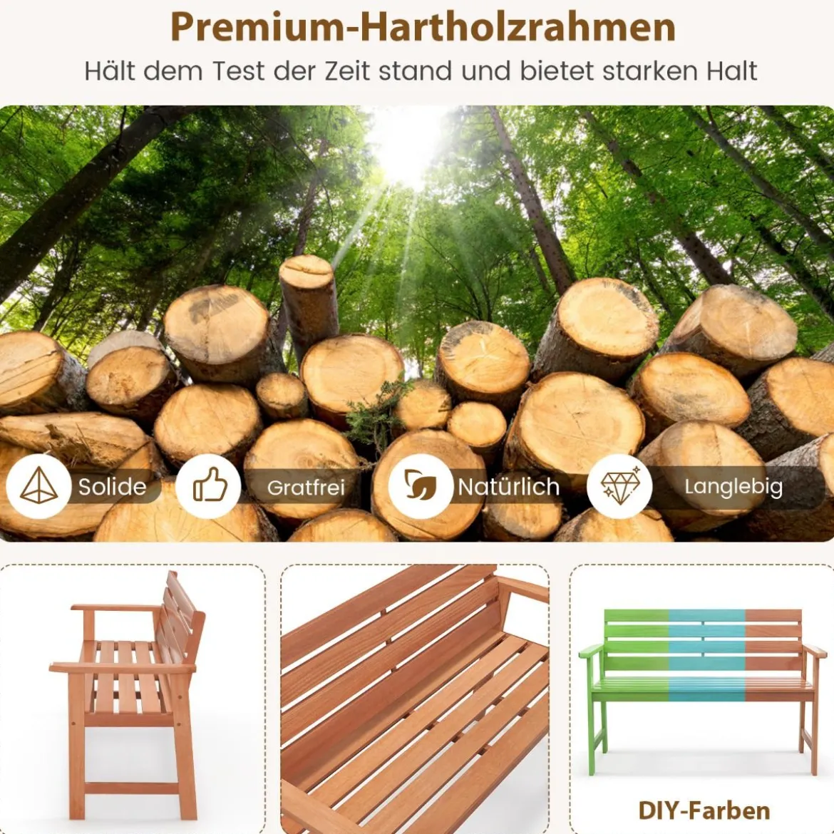 Gartenbank aus Hartholz Holzbank wetterfest Sitzbank für 2 Personen Balkonbank aus Hartholz 120,5 x 64 x 84 cm Natur