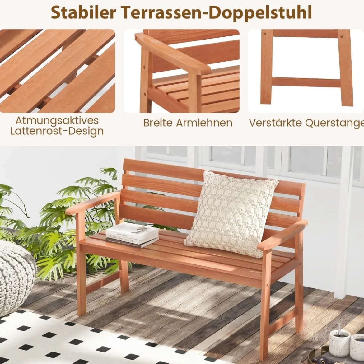 Gartenbank aus Hartholz Holzbank wetterfest Sitzbank für 2 Personen Balkonbank aus Hartholz 120,5 x 64 x 84 cm Natur