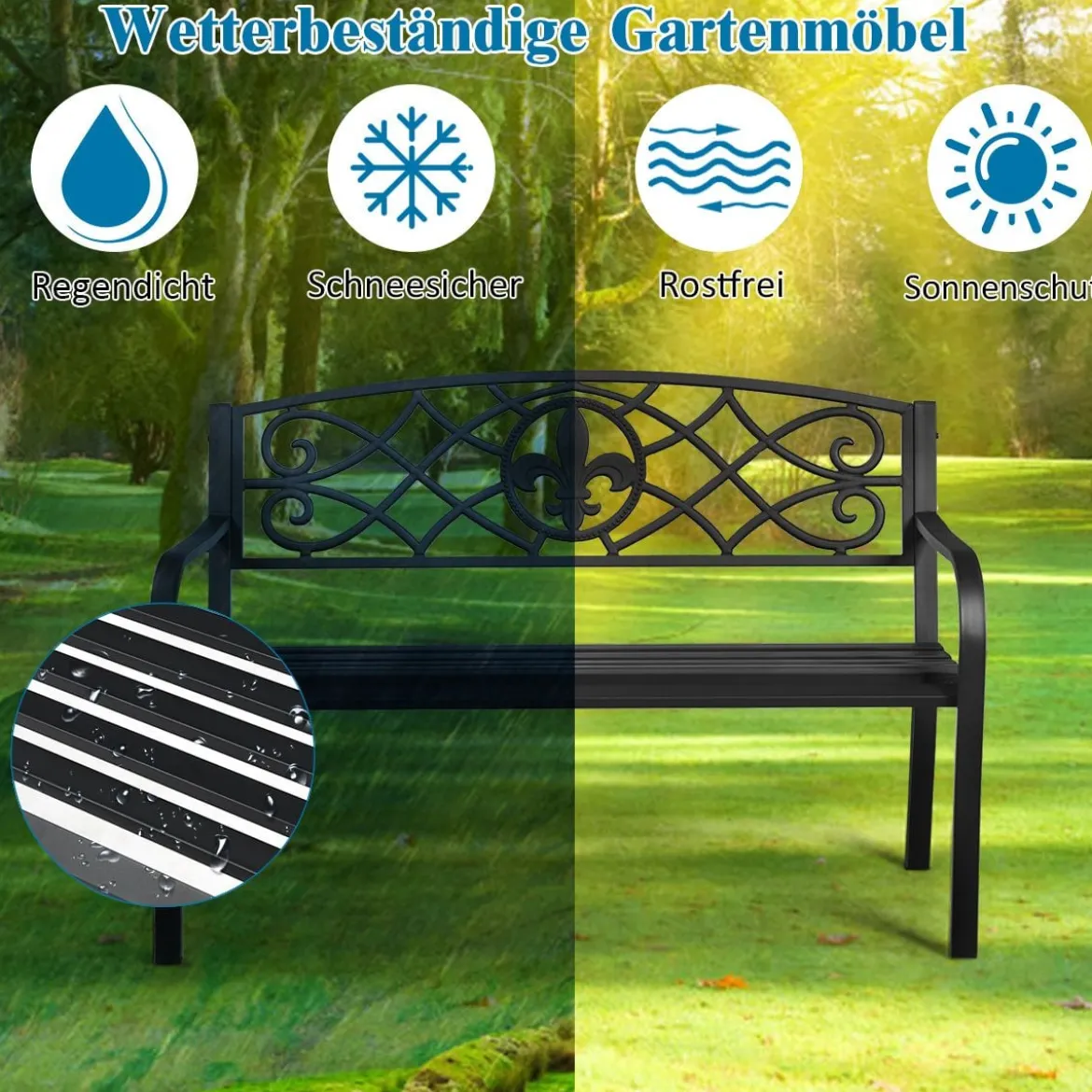 Gartenbank aus Stahl klassische Gartenbank Sitzbank Terrassenbank 128 x 60 x 89 cm Schwarz