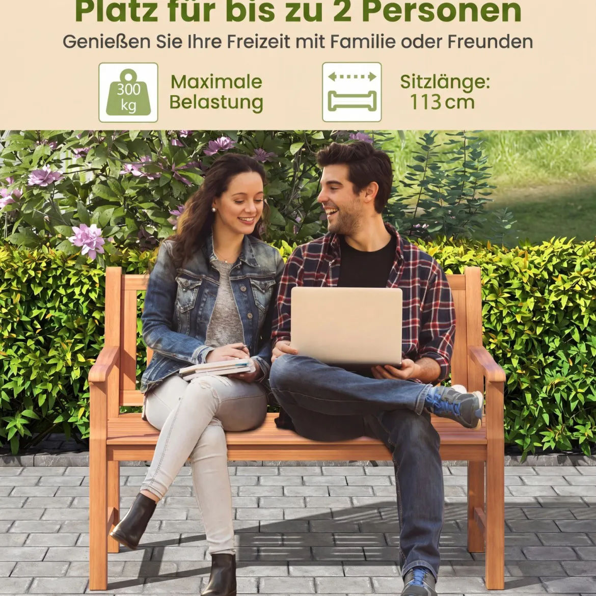 Gartenbank aus Tannenholz 2-Sitzer Sitzbank mit Ergonomischer Rückenlehne bis 300 kg Belastbar 115 x 53,5 x 89 cm
