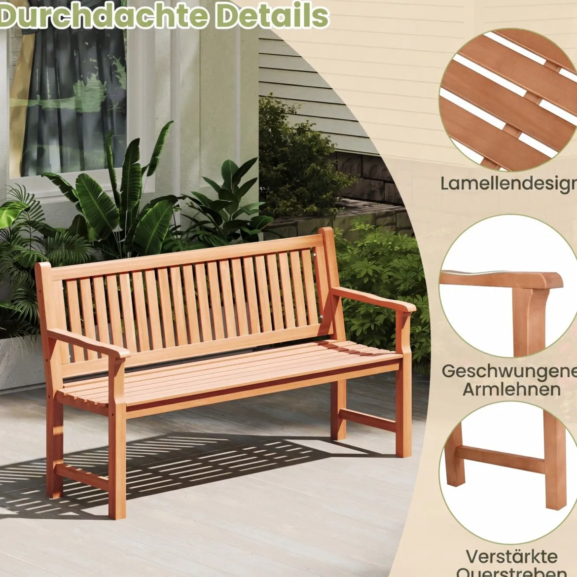 Gartenbank aus Tannenholz 3-Sitzer Sitzbank mit Ergonomischer Rückenlehne bis 450 kg Belastbar 150 x 53,5 x 89 cm