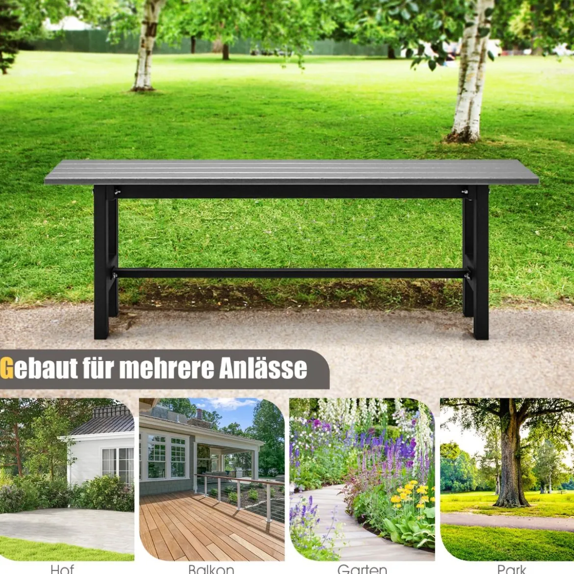 Gartenbank für 2 Personen mit Lattensitz bis 300kg belastbar 120 x 36 x 40,5 cm Grau
