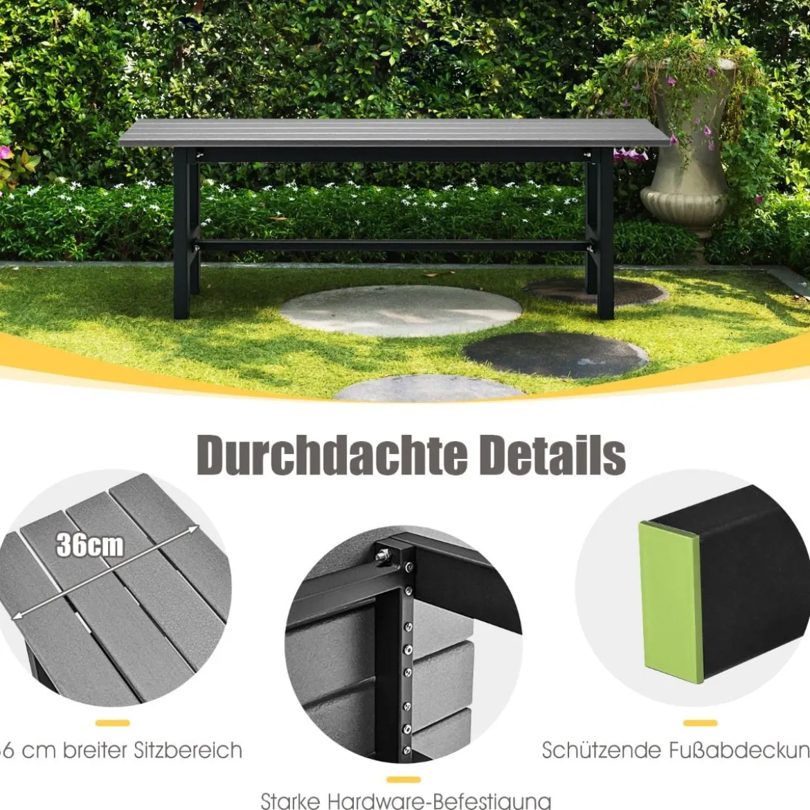 Gartenbank für 2 Personen mit Lattensitz bis 300kg belastbar 120 x 36 x 40,5 cm Grau