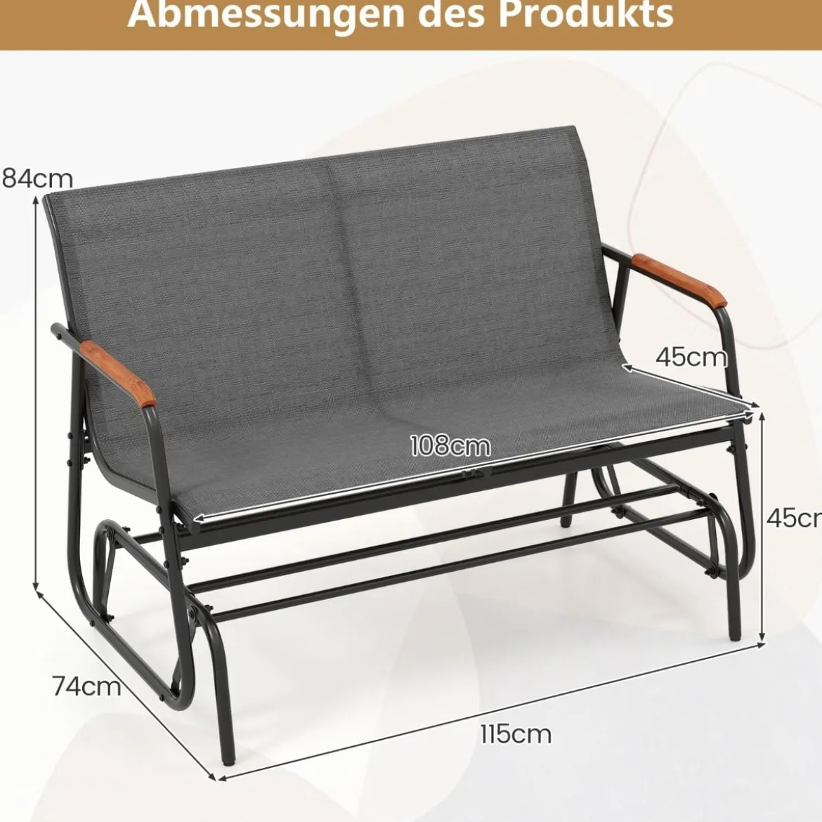 Gartenbank für 2 / 3 Personen mit Sanfter Gleitbewegung & Atmungsaktivem Stoffsitz Schaukelbank