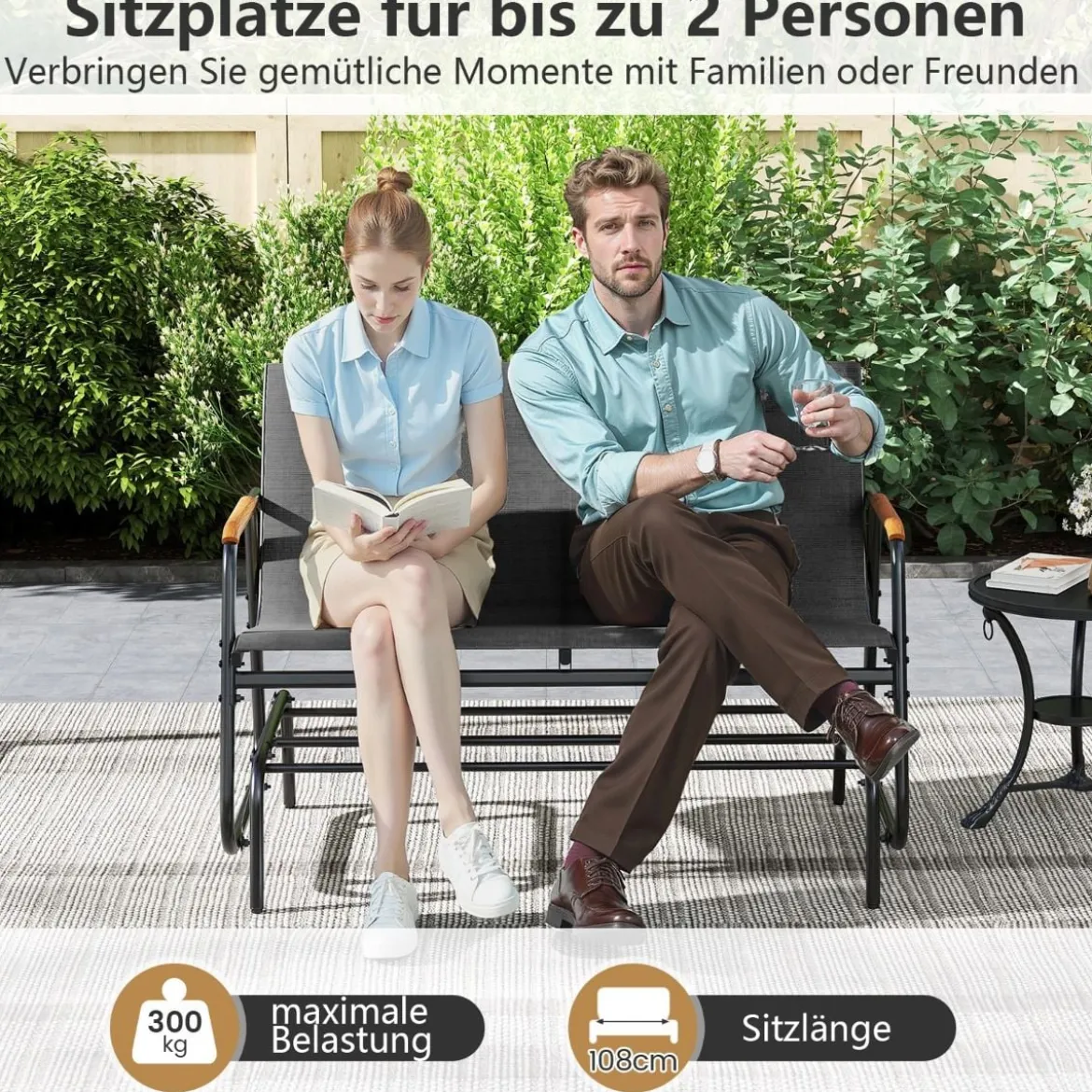 Gartenbank für 2 / 3 Personen mit Sanfter Gleitbewegung & Atmungsaktivem Stoffsitz Schaukelbank