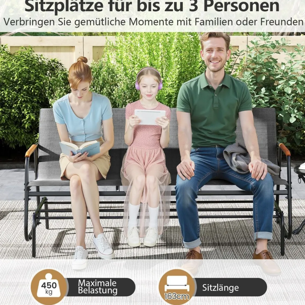 Gartenbank für 2 / 3 Personen mit Sanfter Gleitbewegung & Atmungsaktivem Stoffsitz Schaukelbank