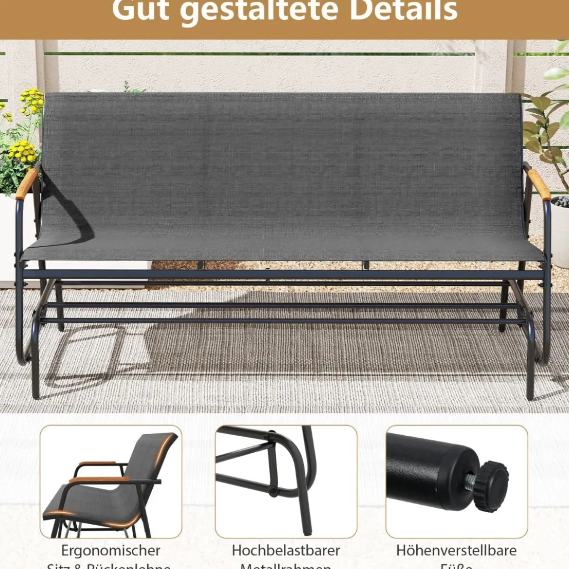 Gartenbank für 2 / 3 Personen mit Sanfter Gleitbewegung & Atmungsaktivem Stoffsitz Schaukelbank