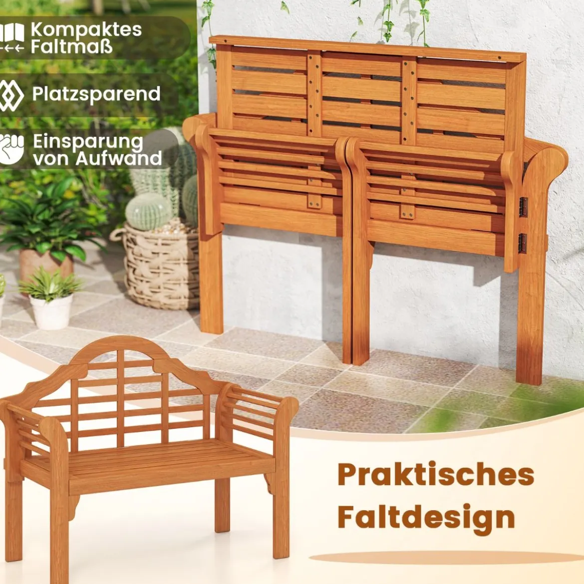Gartenbank Klappbank aus Holz für den Außenbereich 123 x 54 x 96 cm Natur