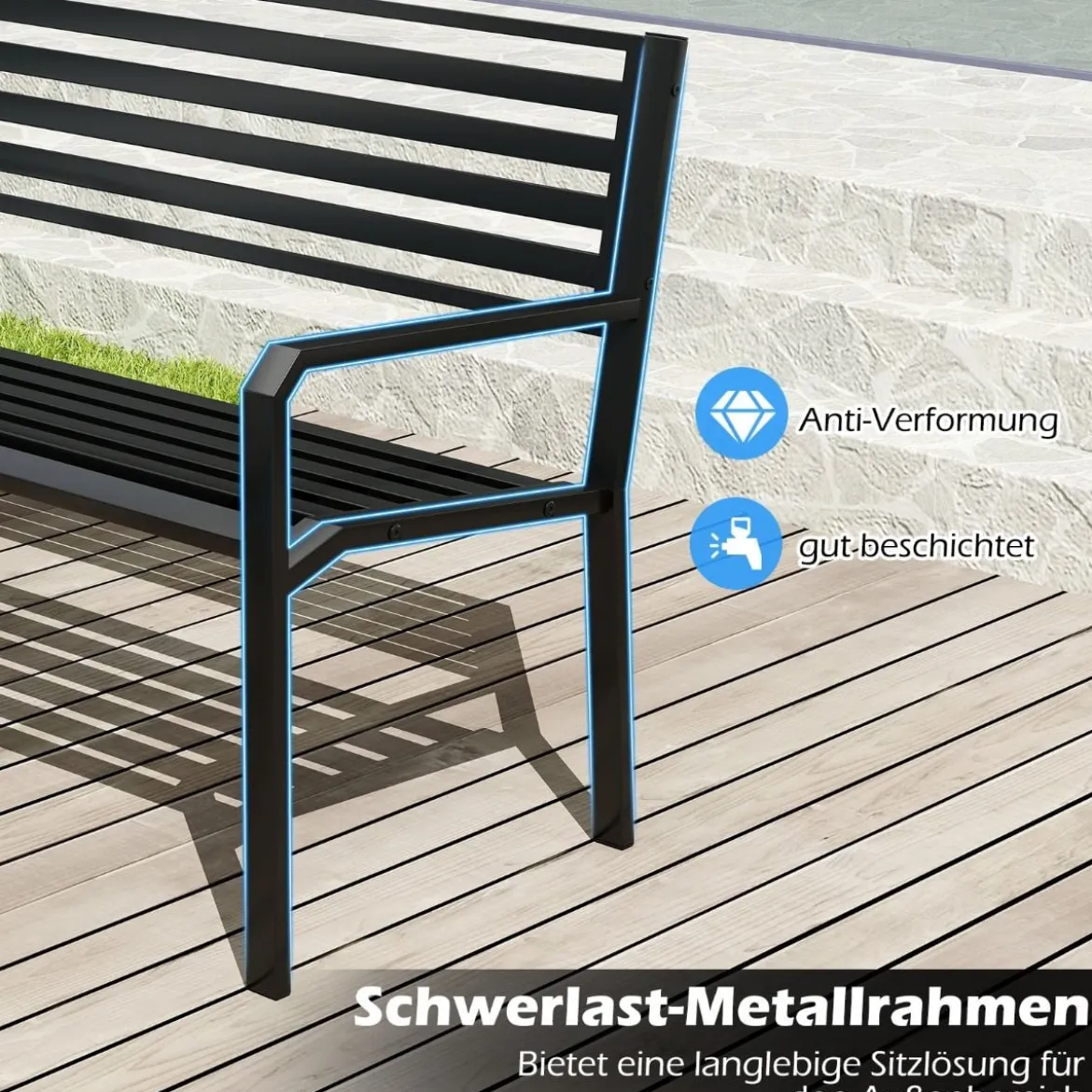 Gartenbank Metall wetterfeste Sitzbank für 2 Personen Eisenbank für Garten Terrasse Balkon 127 x 56 x 82 cm Schwarz