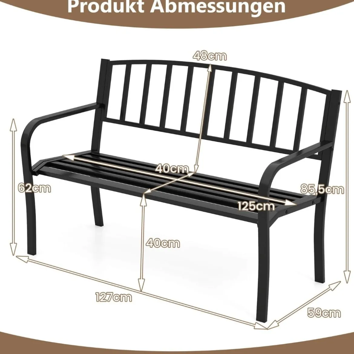 Gartenbank Metall wetterfeste Sitzbank für 2 Personen Eisenbank für Garten 127 x 59 x 85,5 cm Schwarz