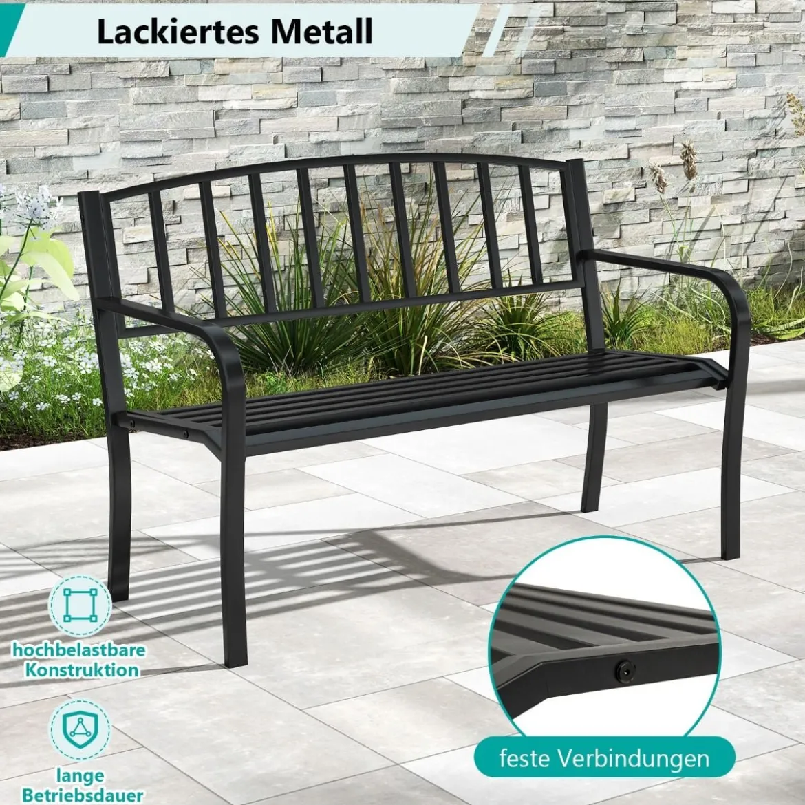 Gartenbank Metall wetterfeste Sitzbank für 2 Personen Eisenbank für Garten 127 x 59 x 85,5 cm Schwarz